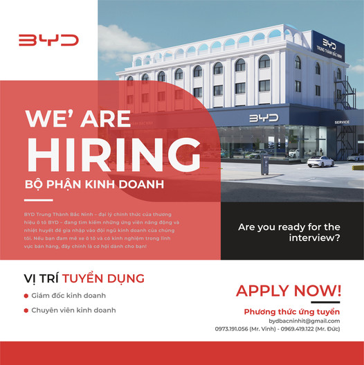 BYD TRUNG THÀNH BẮC NINH THÔNG BÁO TUYỂN DỤNG